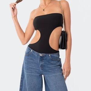 Edikted Vivie Black Ribbed Cut Out Bodysuit